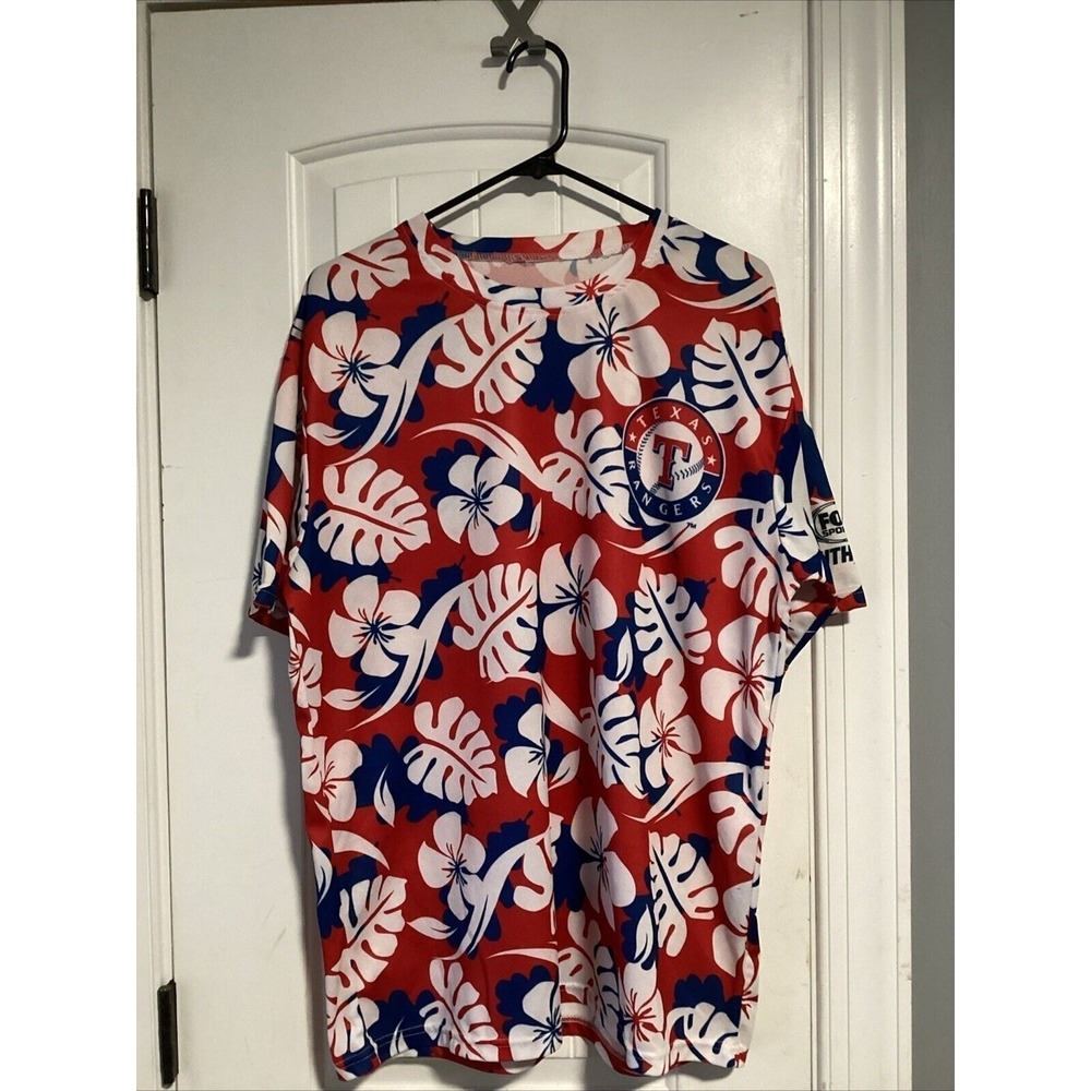 Texas Rangers Logo Hawaiian Floral Print Mens T-shirt Size XL